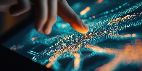 engineer chemical simulation Concept. Interactive digital interface with glowing dots and a finger touching the screen.