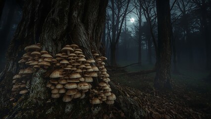 Obraz premium Moonlit Forest at Night: Large Tree Trunk with Cluster of Mushrooms