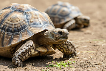 Obraz premium Detailed Sulcata Tortoise Close-Up with a Companion in Soft Focus Background