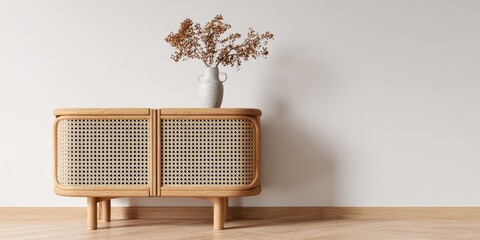 Light-colored wooden cabinet with dried flowers