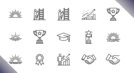 A set of black and white line art icons representing success and growth