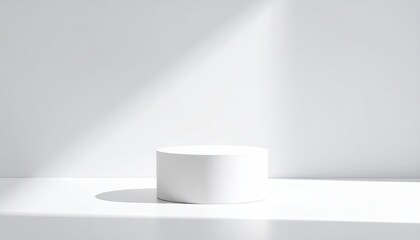 White Cylinder Displayed In Empty White Space With Diagonal Shadow And Minimalist Aesthetic