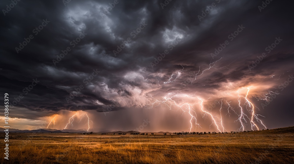 Wall mural a vast open area with numerous lightning bolts emerging from it and an extensive sky covered in mult