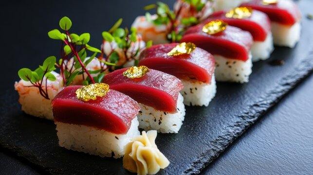 Premium tuna nigiri sushi arrangement with gold leaf garnish on black slate board in fine dining restaurant