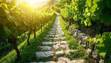 Stone steps Through Sunlit Vineyard Rows on a Hillside