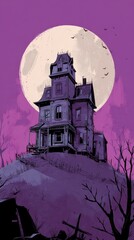 Fototapeta premium Haunted house illustration against a purple sky and a full moon shining behind it