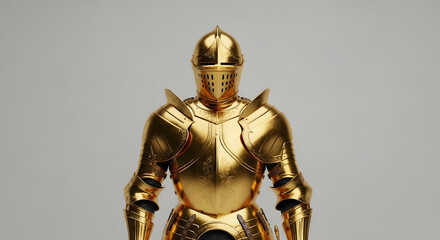 A full suit of golden armor stands against a neutral background, reflecting light.