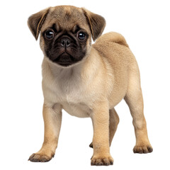 Fototapeta premium Photo of a fawn colored pug puppy stands attentively looking forward with a curious expression on its face isolated on transparent background