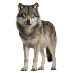 Obraz premium Photo of a majestic gray wolf stands alert and watchful against a stark transparent background in studio shot