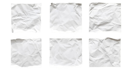 Obraz premium Six square sheets of crumpled white paper displaying varied textures and creases, isolated on white isolated on transparent background