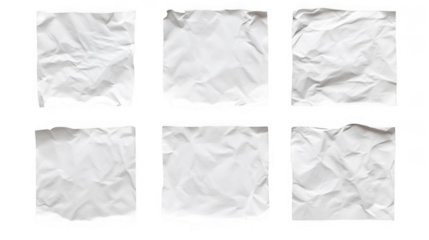 Six square sheets of crumpled white paper displaying varied textures and creases, isolated on white isolated on transparent background