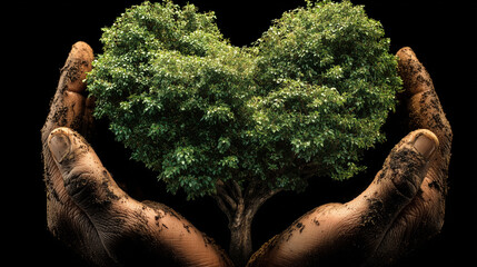 Heart Shaped Tree Held in Soil Covered Hand on Black Background