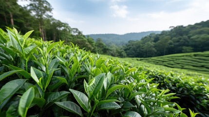 Fototapeta premium Vibrant green tea fields stretch across rolling hills, illuminated by soft sunlight, with quaint houses nestled within the tranquil valley
