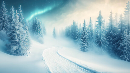 A narrow trail through a snow-dusted pine forest. Northern lights glowing in the sky.