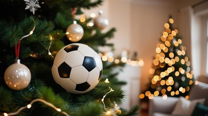 Festive Christmas tree adorned with decorative ornaments and a soccer ball, glowing under warm lights, creating a unique and cheerful holiday atmosphere 