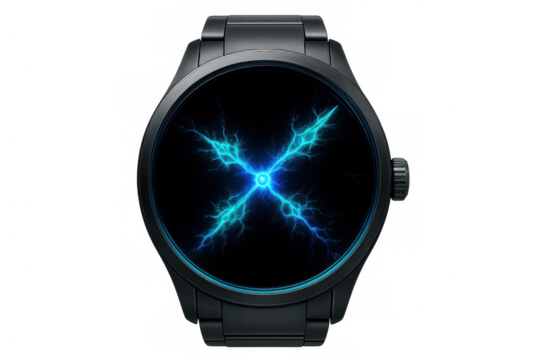 Black wristwatch with electric current flowing through it on transparent background, ideal for time, energy, and technology concepts