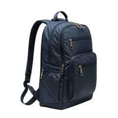 Fototapeta premium Blue backpack with multiple pockets and zippers, angled view isolated on transparent background