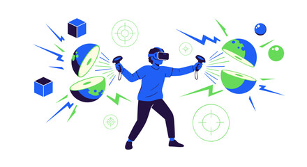 An illustrative character wearing a virtual reality headset actively engages with a dynamic digital metaverse, surrounded by abstract global elements and futuristic technology.