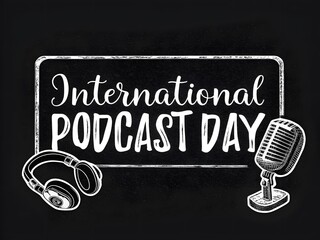 Art of international podcast day celebrated with vintage microphone and headphones on a chalkboard