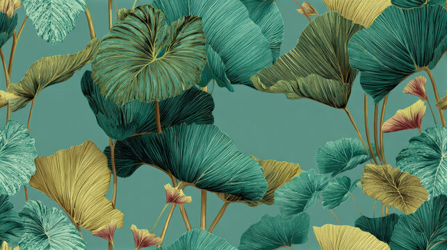 Alocasia decipiens tropical motif in saturated jade and olive, seamless wallpaper print  [with copy space]