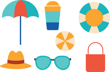 Colorful Summer Beach Icons Set – Umbrella, Hat, Sunglasses, and Bag