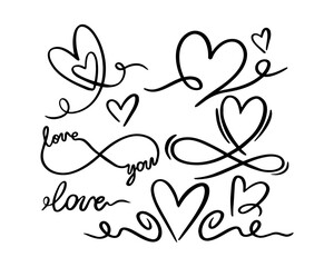 Collection of hand-drawn heart shapes, infinity signs, and love-themed calligraphy in black lines on white background. Concept of romance and affection. Vector illustration