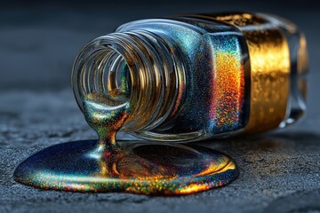 Shimmering metallic nail polish spilled across glass, forming glossy colorful puddles