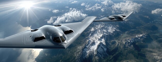 Fototapeta premium Dark grey B-2A bombers fly gracefully over clouds at night, showcasing advanced design and stealth capabilities in a dynamic view