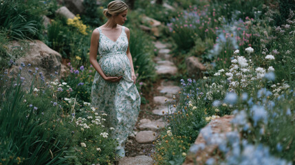 Pregnant girl walking through botanical garden path, soft floral dress flowing, surrounded by blooming flowers and greenery
