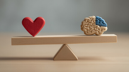 Heart and Brain on Wooden Seesaw Representing Balance Between Emotion and Logic