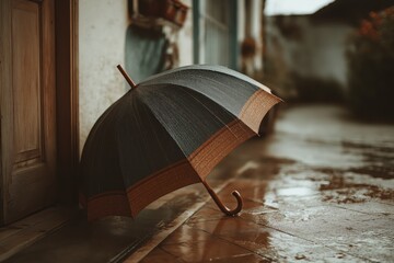 Rain-soaked umbrella resting quietly by door captures soft overcast domestic moment
