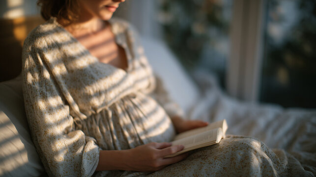 Soft bedroom setting where pregnant girl journals in notebook, belly exposed, morning sun casting patterns through window blinds