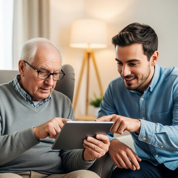 Heartwarming scene of an elderly person learning to use a tablet or smartphone, patiently guided by a younger individual, symbolizing intergenerational connection, digital inclusion, and lifelong