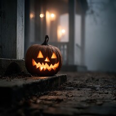 Spooky, carved pumpkin glows eerily on porch stairs in a foggy, atmospheric night scene