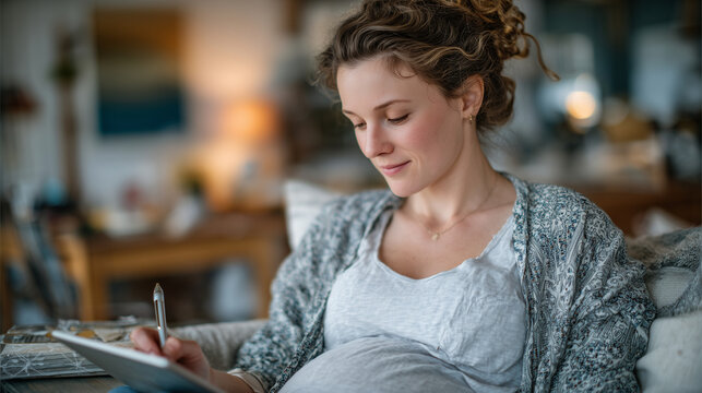 Pregnant girl sketching baby room plans on tablet at modern work desk, creative and cozy home office setup