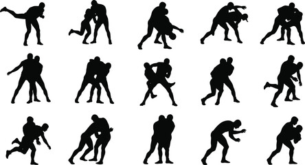 Silhouette sequence of professional wrestling, grappling, martial arts fighters in combat poses, mixed martial arts techniques, wrestling moves, combat sports training concept design.