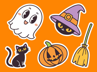 Fototapeta premium Cute Halloween Stickers A Ghost Black Cats a Pumpkin a Witch Hat and a Broom on Orange Background