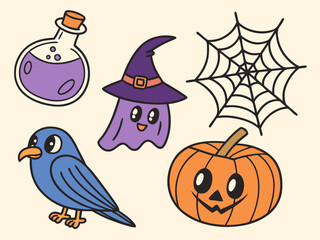 Whimsical Halloween Cartoon Illustration Featuring a Potion Ghost Spiderweb Crow and Pumpkin on a Light Beige Background
