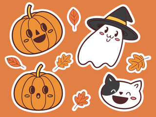 Cute Halloween Stickers Featuring Pumpkins a Ghost with a Witch Hat a Cat and Autumn Leaves on Orange