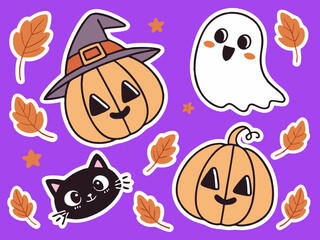 Cute Halloween Stickers Featuring Pumpkins a Ghost a Black Cat Leaves and Stars on a Purple Background