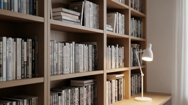 Cozy Home Library: Bookshelves Filled with Books and DVDs, Illuminated by a Modern Desk Lamp