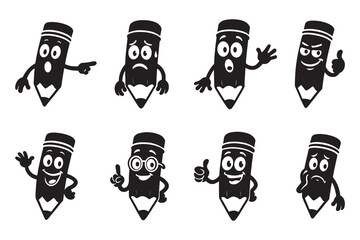 Pencil character mascot set, a collection of cartoon pencils with various emotions and poses in a black and white silhouette style for education or creative projects 