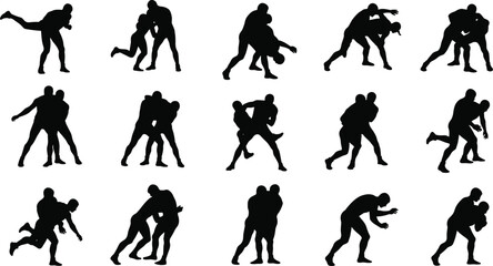 Silhouettes of mixed martial arts fighters in various grappling positions, wrestling stances, takedowns, combat training scenes, black figures on white background, high intensity poses