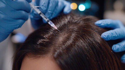 Fototapeta premium Close-up of gloved hands parting the patientâs hair as a fine mesotherapy needle approaches the scalp, magnifying lamp casting clinical white light, modern dermatology devices blur