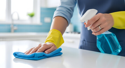 Obraz premium Close-up of person cleaning kitchen countertop with spray bottle and cloth in bright modern kitchen environment for household cleaning and hygiene maintenance