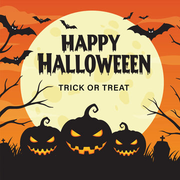 Happy Halloween Night Vector with Spooky Pumpkins, Bats, and Full Moon