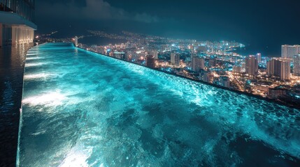 Rooftop infinity pool at night, city lights