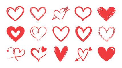 Collection of Red Heart Outlines and Solid Shapes on White Background