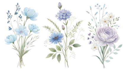 Delicate watercolor floral arrangements featuring soft blue and pale purple blossoms with delicate greenery isolated on transparent background