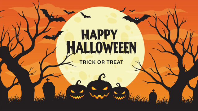 Happy Halloween Night Vector with Spooky Pumpkins, Bats, and Full Moon